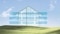 Schematic diagram of a house on a green field.